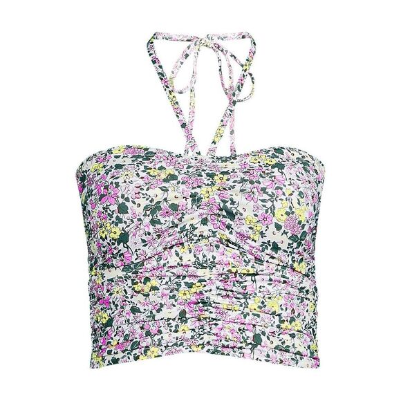 Land's End Ruched Halter Midkini Top 2 Way White  Multi Ditsy Floral print 12 - Picture 2 of 10
